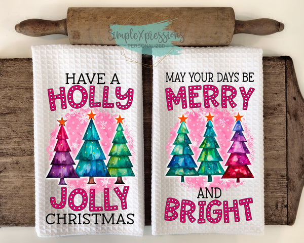 Christmas Kitchen Towels- Holly Jolly Merry Bright -Pink