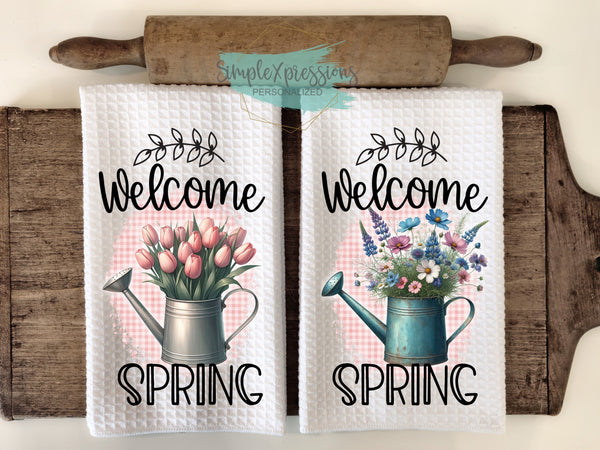 Spring Kitchen Towels- Welcome Spring Tulips Wildflowers