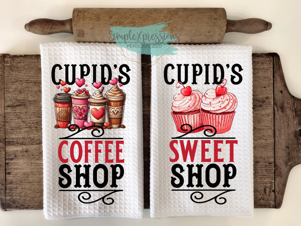 Valentine's Kitchen Towels- Cupid's Coffee Shop Cupid's Sweet Shop