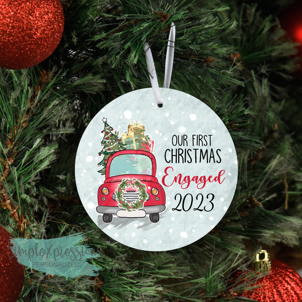 Our First Christmas Engaged- aluminum ornament