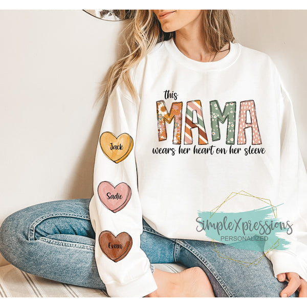 This Mom/Mama/Grandma wears her heart on her sleeve- Personalized with kids names