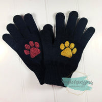 Glitter paw print stretch knit gloves