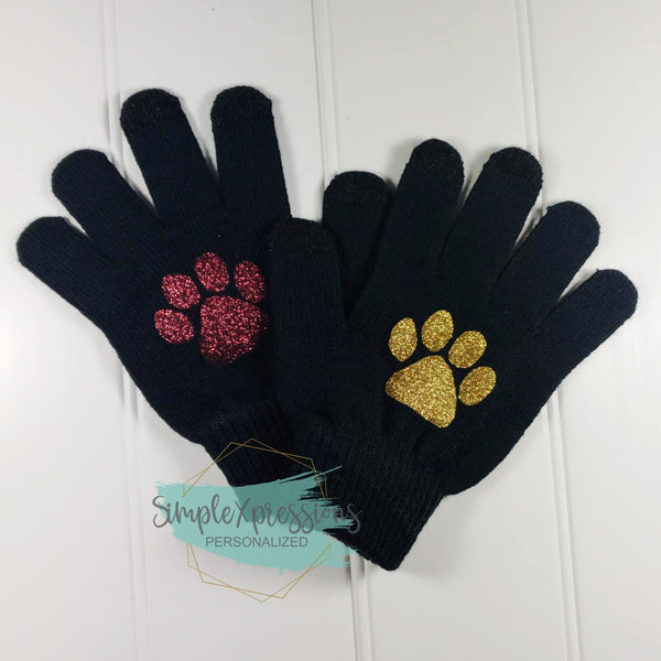 Glitter paw print stretch knit gloves